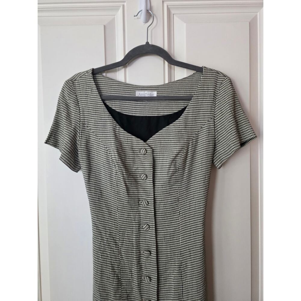 Vintage Ann Taylor Houndstooth Midi Dress Size 6 Black White Button Front 90s - Picture 2 of 7